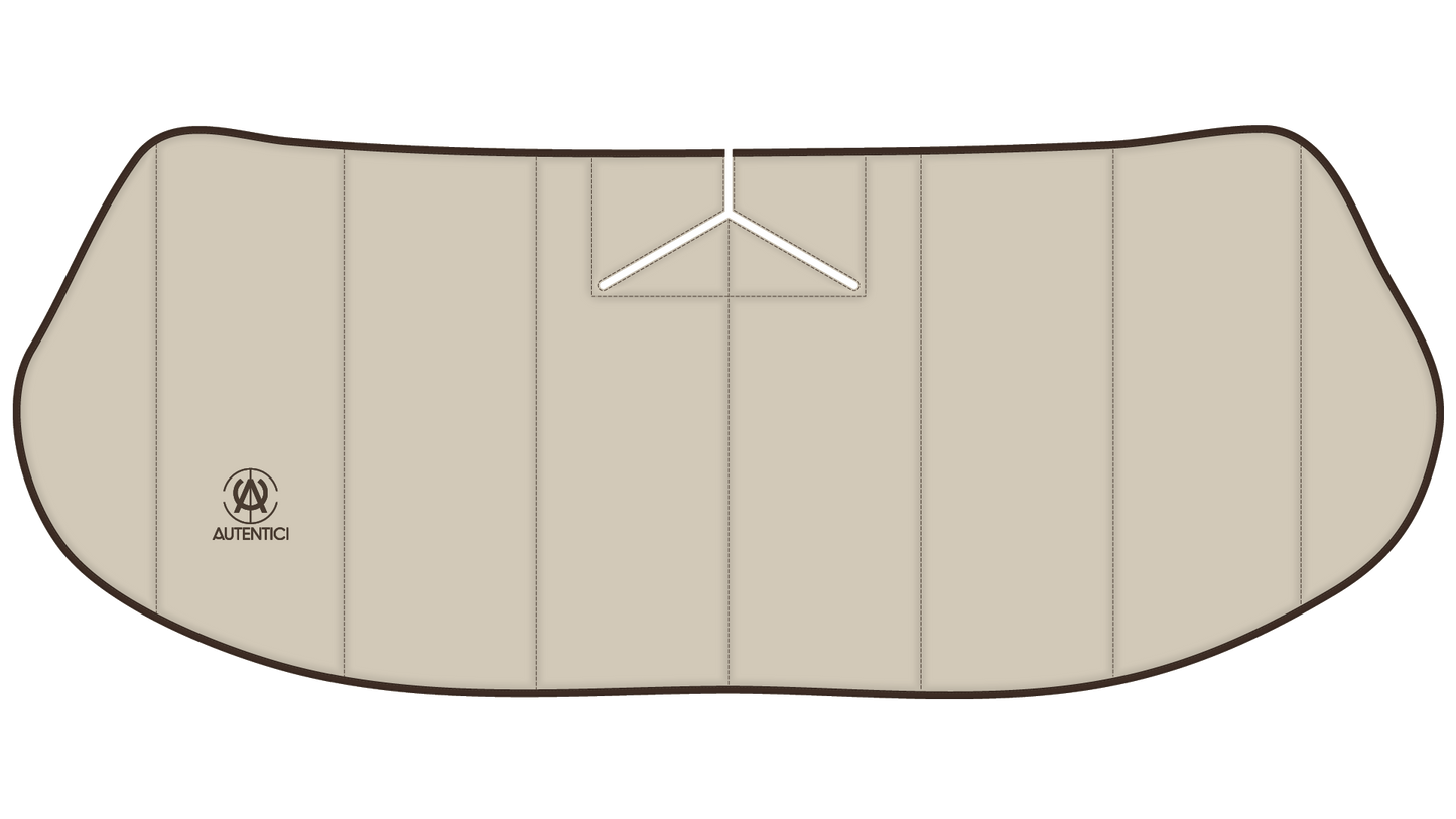Autentici premium sunshade design for classic cars, featuring precision-crafted Y-shaped mirror opening and elegant beige finish with brown accents.